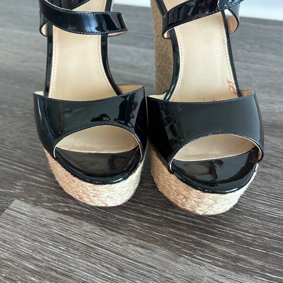 Michael Kors Gabriella Black Patent Leather Espadrille Wedges Platform Sandals - Picture 10 of 16